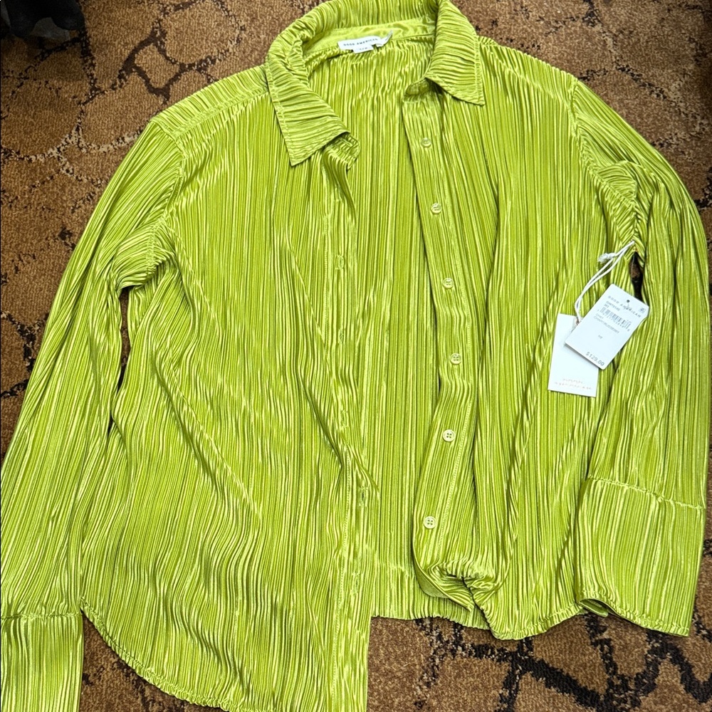 Good American Lime Green Pleated Button-Down Shirt